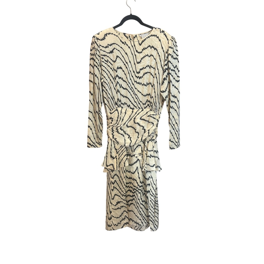 Argenti Vintage 80's Dress Black White Abstract‎ Silk Midi Long Sleeve Size 10